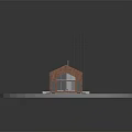 Small Brick Building With Brown Roof Tall Poles Large Windows And Green Grass Area