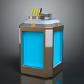 Hexagonal Daily Use Appliance With Brown Blue Body Yellow Black Striped Top And Silver Lid