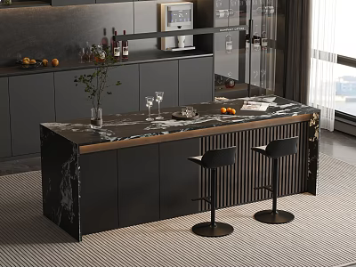 Modern Luxury Home Kitchen Bar Counter With Marble Top And Sleek Black Bar Stools 3d model
