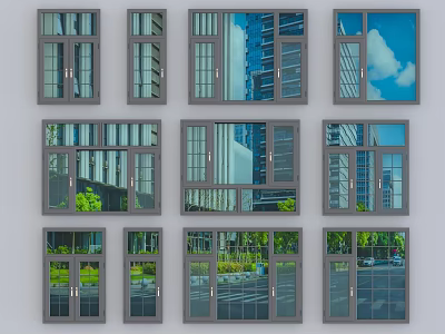 Various Window Design Styles Featuring Modern Frames Different Glass Panels and Urban Views 3d model