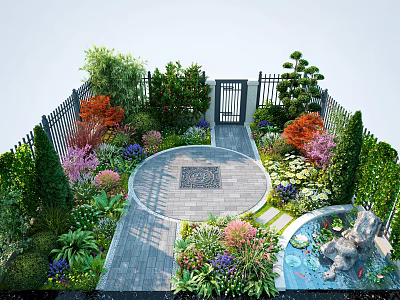 Lush Courtyard Garden With Fence Colorful Shrubs Circular Stone Path Decorative Centerpiece And Small Pond 3d model