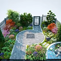 Lush Courtyard Garden With Fence Colorful Shrubs Circular Stone Path Decorative Centerpiece And Small Pond