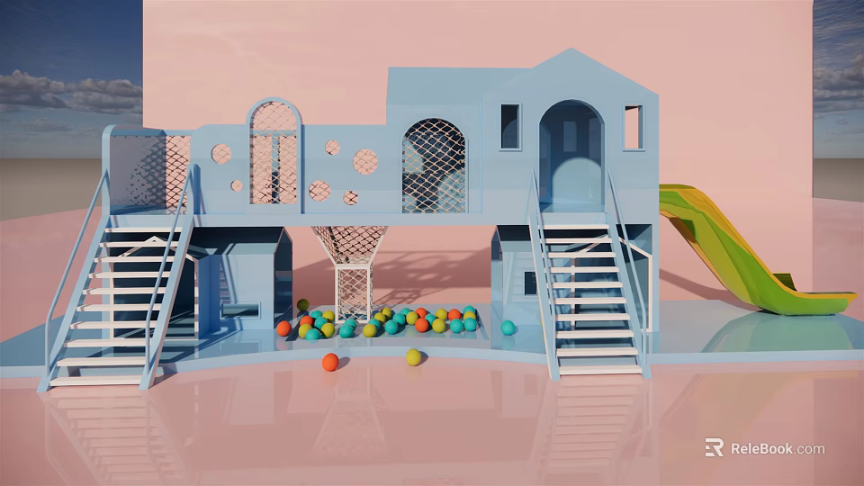 Adorable Blue Playground Equipment With Stairs Slide And Colorful Ball Pit 3d model 