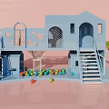Adorable Blue Playground Equipment With Stairs Slide And Colorful Ball Pit