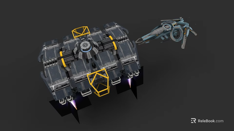 Sci Fi Mechanical Structure With Gray Yellow Frames Thrusters And Arm 3d model