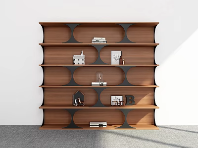 Modern Wooden Shelving Unit With Layered Design And Decorative Items 3d model