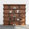 Modern Wooden Shelving Unit With Layered Design And Decorative Items 3d model