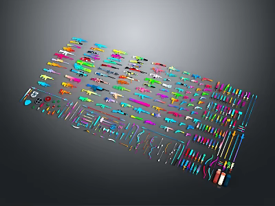 Colorful Weapons of Various Types Arranged with Vibrant Colors in 3d model