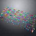 Colorful Weapons of Various Types Arranged with Vibrant Colors in