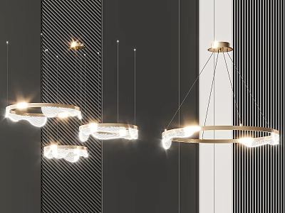 Modern Gold Circular Pendant Lights with LED Illumination Hanging in Contemporary Interior Design 3d model