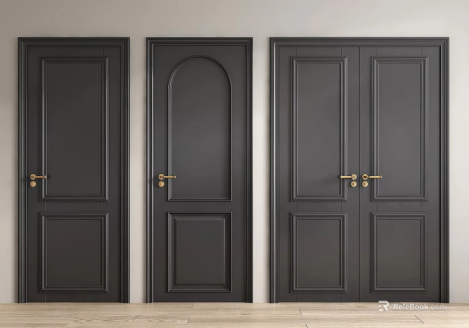 Modern Black Hinged Doors With Golden Handles And Classic Panel Design 3d model
