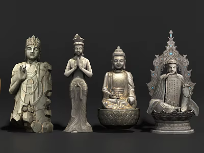 Carved Buddhist Sculptures With Standing Seated Figures And Intricate Ornate Bases 3d model