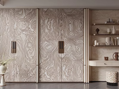 Modern Wardrobe With Wood Grain Double Doors And Brass Handles In Stylish Interior Decor 3d model