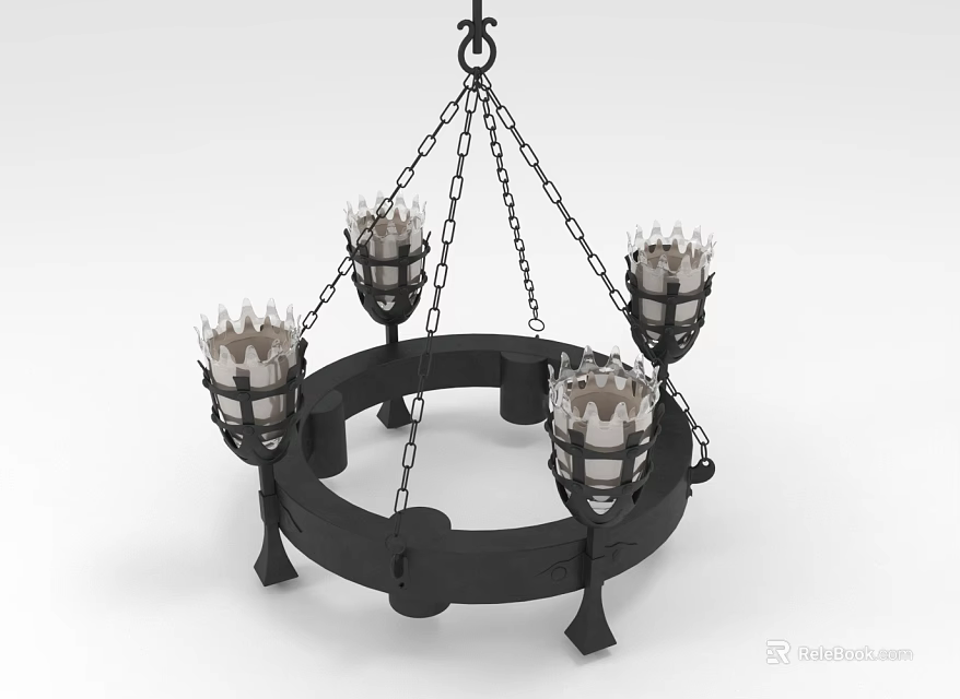Vintage Black Chandelier with Circular Frame Four Candle Holders and Chain Suspension 3d model 