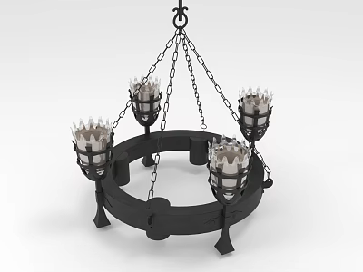 Vintage Black Chandelier with Circular Frame Four Candle Holders and Chain Suspension 3d model