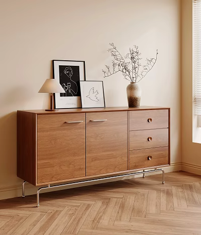 Vintage Walnut Wood Sideboard Cabinet With Storage For Warm Minimalist Entryway Home Interior Decoration 3d model