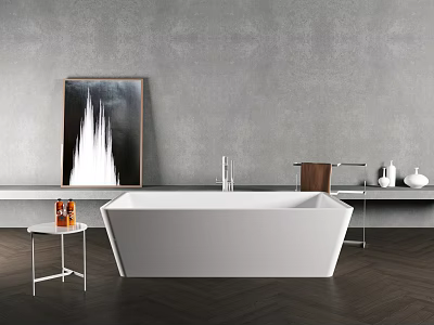 White Freestanding Bathtub with Gray Wall Waterfall Painting Side Table and Dark Wood Herringbone Floor 3d model