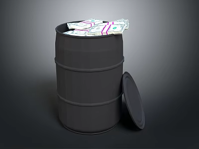 Black Household Barrel With Open Lid Filled With US Dollar Cash 3d model