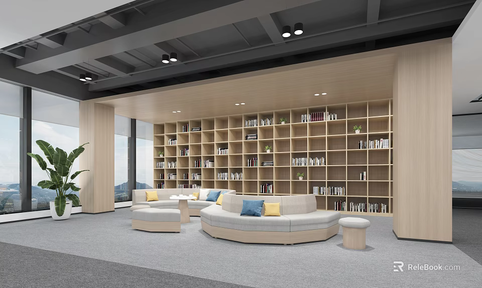 Cozy Lounge Area with Wooden Bookshelves Round Sofas Colorful Cushions Large Windows and Gray Carpet 3d model 