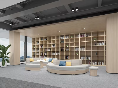 Cozy Lounge Area with Wooden Bookshelves Round Sofas Colorful Cushions Large Windows and Gray Carpet 3d model