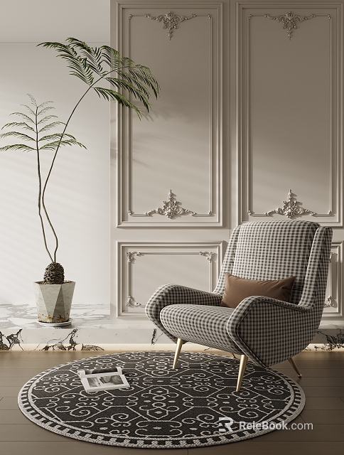 Elegant Houndstooth Lounge Chair With Brown Cushion By Light Paneled Wall And Potted Plant 3d model 