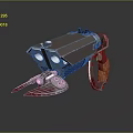 Detailed Metallic Weapon Featuring Double Barreled Structure Orange Grip And Red Liquid At Base