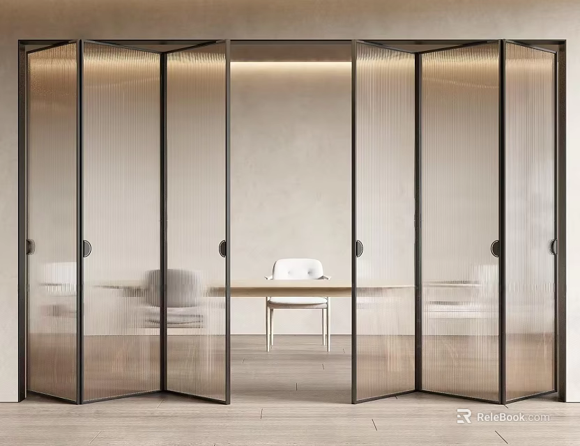 Modern Ribbed Glass Folding Doors With Black Frame For Interior Space Dividing 3d model 