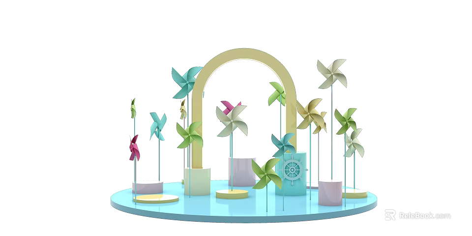 Colorful Commercial Display Equipment With Blue Base Various Height Pillars Windmills And Arched Decoration 3d model 