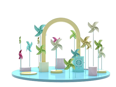Colorful Commercial Display Equipment With Blue Base Various Height Pillars Windmills And Arched Decoration 3d model