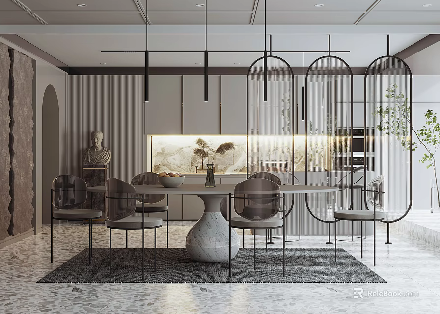 Modern Restaurant Interior With Dining Table Chairs Pendant Lights And Decorative Screen Design 3d model 