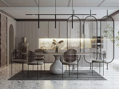 Modern Restaurant Interior With Dining Table Chairs Pendant Lights And Decorative Screen Design 3d model