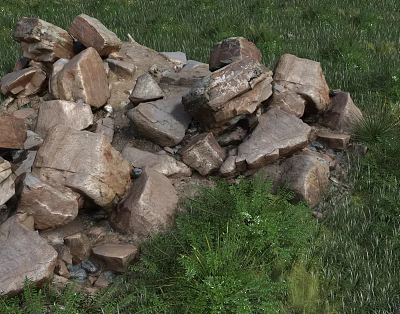 Stacked Natural Stone And Wood Logs With Green Grass In Outdoor Area 3d model