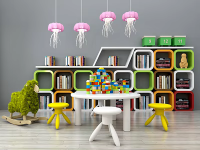 Kids Table In Playroom With Colorful Building Blocks Bookshelves Pink Pendant Lights And Yellow Stools 3d model
