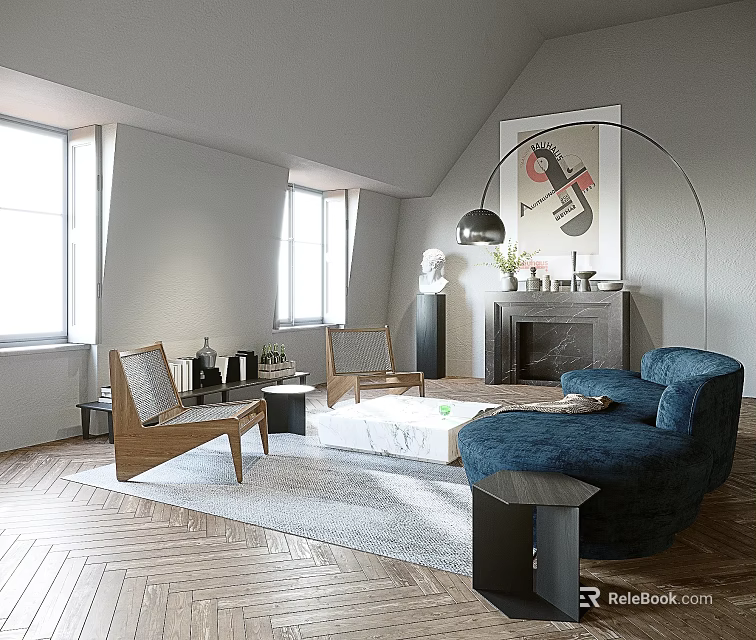 Modern Living Room With Blue Sofa Wooden Chairs And Fireplace 3d model 
