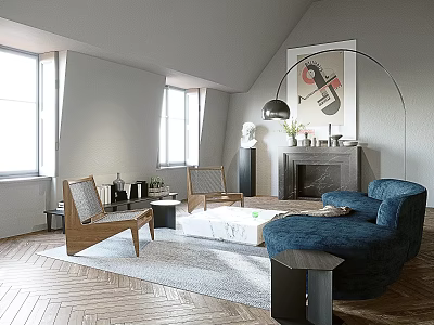 Modern Living Room With Blue Sofa Wooden Chairs And Fireplace 3d model