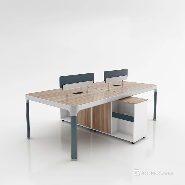 Modern Office Desk with Wooden Tabletop Two Workstations Gray Metal Legs and Side Cabinet 3d model 