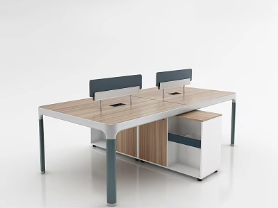 Modern Office Desk with Wooden Tabletop Two Workstations Gray Metal Legs and Side Cabinet 3d model
