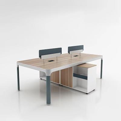 Modern Office Desk with Wooden Tabletop Two Workstations Gray Metal Legs and Side Cabinet 3d model