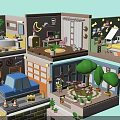 Lush Green Plants in Miniature Multi Room Scenes with Detailed Interior Decorations