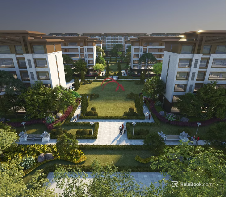 Aerial Planning of Modern Residential Complex with Landscaped Gardens Green Lawn and Pedestrian Pathways 3d model 