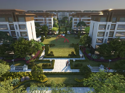 Aerial Planning of Modern Residential Complex with Landscaped Gardens Green Lawn and Pedestrian Pathways 3d model