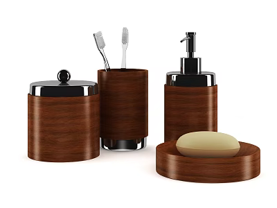 Wooden Bathroom Set With Toothbrush Holder Soap Dispenser Lidded Container And Soap Dish 3d model