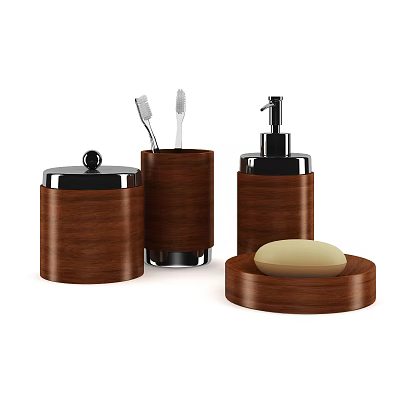 Wooden Bathroom Set With Toothbrush Holder Soap Dispenser Lidded Container And Soap Dish 3d model