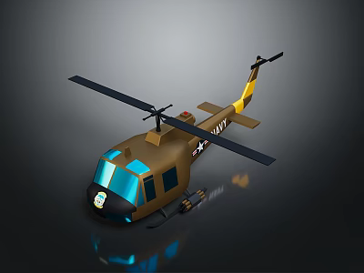U.S. ARMY Military Helicopter Model Brown Body Yellow Tail Blue Windshield Mounted Weapons 3d model