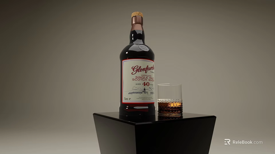 Glenfiddich 18 Year Old Whisky Bottle With Glass On Black Stand Dark Background 3d model 