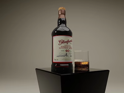 Glenfiddich 18 Year Old Whisky Bottle With Glass On Black Stand Dark Background 3d model