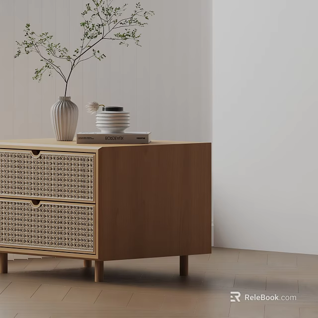 Wooden Side Table with Rattan Drawers Natural Style Home Decor with Vase Books and Plates 3d model 