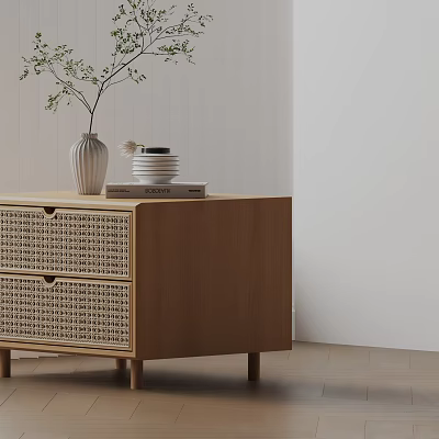 Wooden Side Table with Rattan Drawers Natural Style Home Decor with Vase Books and Plates 3d model