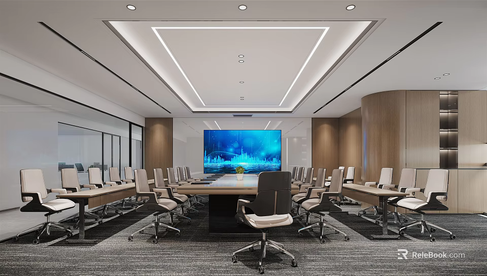Modern Conference Room Interior With Large Table Multiple Chairs Big Screen And Ceiling Lights 3d model