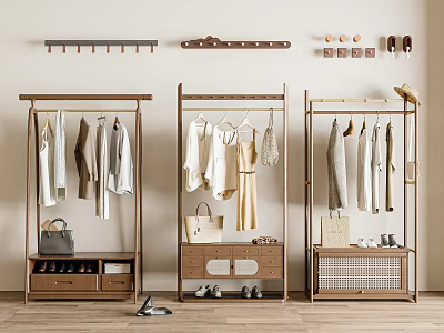 Modern Wooden Clothes Racks With Hanging Clothes Storage Drawers And Accessories 3d model